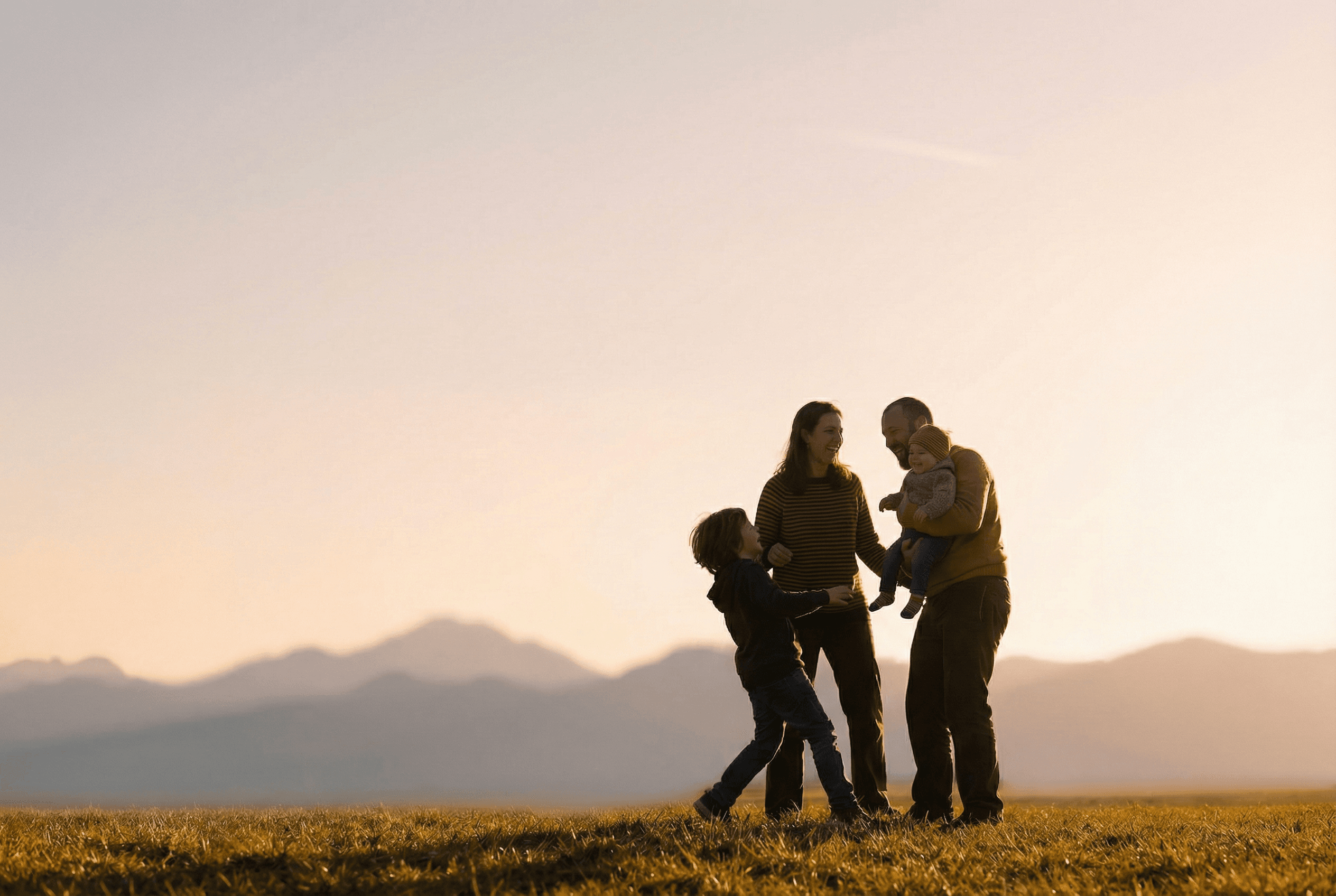 Family making a home shape at sunset